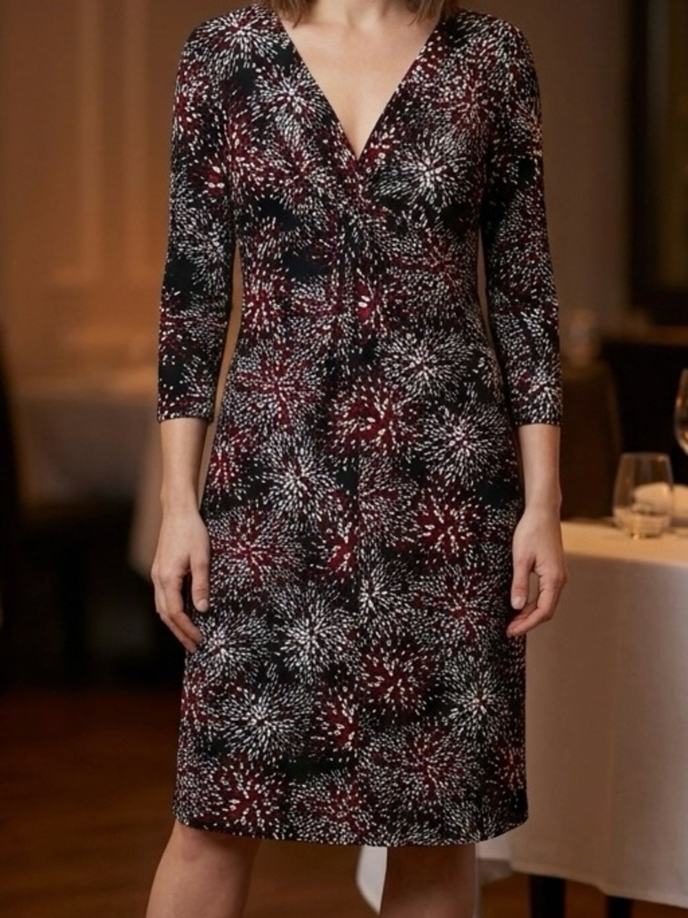 Kasper Black, Burgundy & White Floral-Print Twist-Front Dress